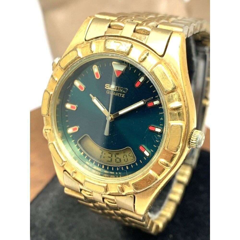 Seiko Men's Watch H801-7038 Vintage Quartz Green Dial Gold Stainless Steel 37mm